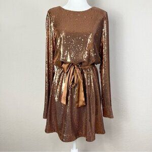 NEW Ramy Brook Copper Gold Allover Sequin Long Sleeve Blouson Mini Dress Size XS